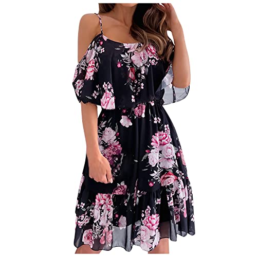 MICKURY cocktailkleid Damen elegant für Hochzeit,Sommerkleider für Frauen 2022 lässig schulterfrei Kurzarm Taille Chiffon Kleid Boho Blumendruck kurzes Sommerkleid von MICKURY