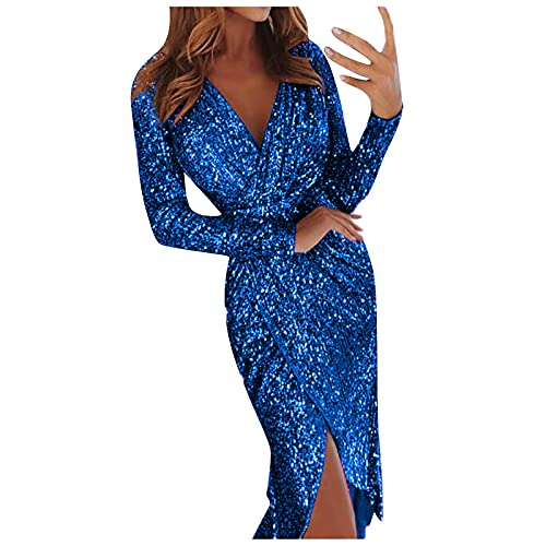 MICKURY enges Kleid,Elegantes funkelndes Paillettenkleid Midikleid Pencil Fit Slim Langarm V Ausschnitt figurbetont Geraffte gebundene Taille sexy Kleider für Frauen von MICKURY