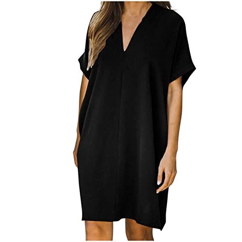 MICKURY schwarzes Kleid Damen,Damen Kleid mit Fledermausärmeln Damen T Shirt Kleid mit tiefem V Ausschnitt locker lässig kurzärmlig Sommer Tunika kurzes bequemes Kleid von MICKURY