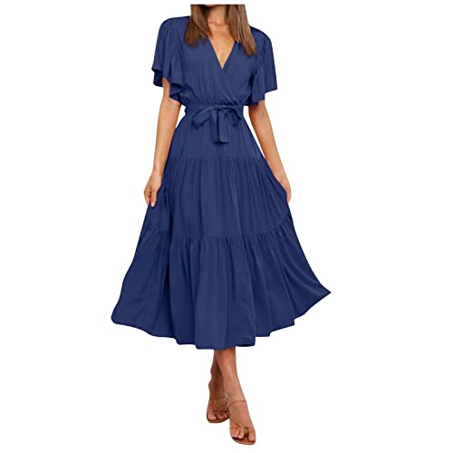 Maxi Kleider Für Damen,Umstandsmode Abendkleid Damen Sommer Casual V-Ausschnitt Solide Farbe Kurze Ärmel Hals Taille Lang Boho Kleid 1950 Kleider Damen Anlass Hochzeit Enge Knielang (1-Blau,L) von MICKURY