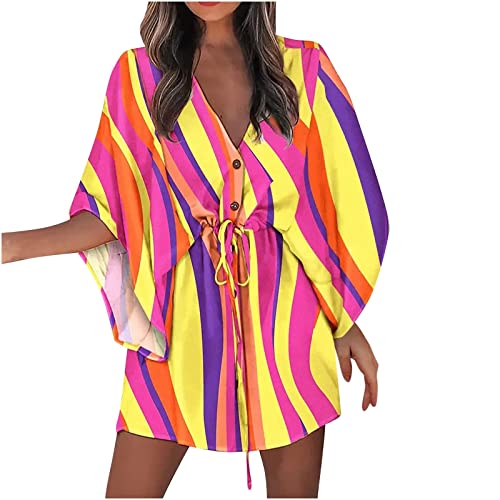 Party Kleider Damen,Abendkleid Elegant Tshirt Kleider Damen Strick Damen Sommer 3/4 Ärmel V-Ausschnitt Ferienkleid Boho Print Kordelzug Sonne Strandkleid T Shirt Kleider Damen(2-Orange,S) von MICKURY
