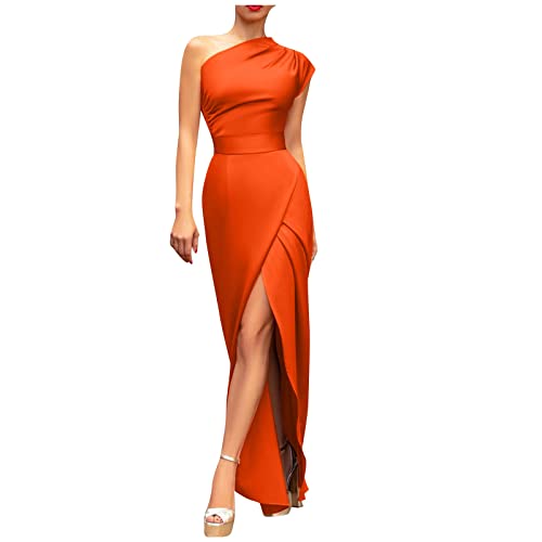 Prinzessinen Kleider Damen,Abendkleid Zur Hochzeitsfeier Florydays Kleider Böhmische Damen Solide Farbe Eine Schulter Ärmellos Hohe Taille Front Split Temperament Kleid Kleider (Orange-3,L) von MICKURY