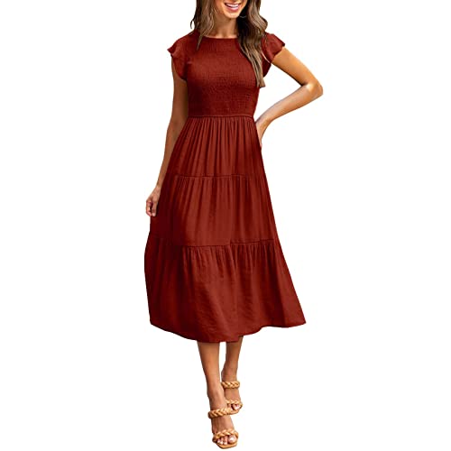 Strickkleid Damen Sommer,Kleider 20 Jahre Stil Transparente Kleider Rote Damen Mode Frauen Casual Mid Länge Kleid Boho Ärmel A-Linie Langes Kleider Kleider Übergröße Damen Elegant(Orange-2,S) von MICKURY