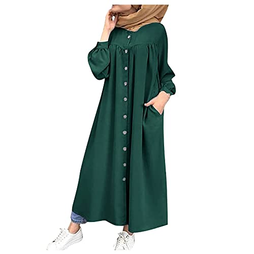 Western Kleider Damen,Kleider Festlich Damen Festliche Kleider Für Hochzeit Damen Elegant Festlich Knielang Damen Retro Langarm-Knopf-Kleid Solide Farbe Shirt Maxikleider Business (5-Grün,L) von MICKURY