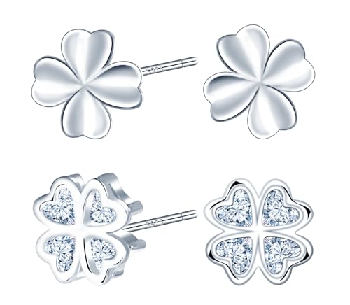 MICMIF 2 Paare Damen Ohrringe Kleeblatt Zirkonia Ohrstecker & Vierblättriges Kleeblatt Silber 925 Ohrringe Hypoallergene Silber Ohrschmuck Geschenke für Frauen Mädchen von MICMIF