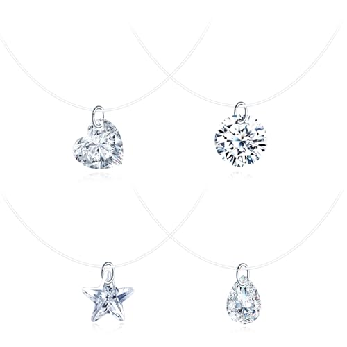 MICMIF 4 Stück 925 Sterling Silber Halskette Damen Choker Solitär Zirkonia Diamant Halskette in Form eines Herzens/Sterns/Rundes/Tropfens Anhänger mit Transparente Nylonkette für Mädchen von MICMIF