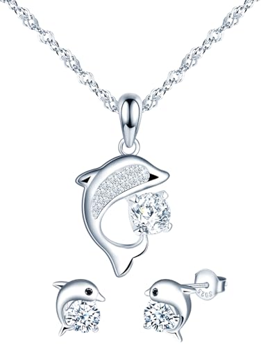MICMIF Zirkonia Delphin Schmuckset Silber 925 für Damen Mädchen: Delfin Ohrstecker und Kette mit Delfin Anhänger - Ozean Thema Schmuck für Freundin Ehefrau Mutter von MICMIF