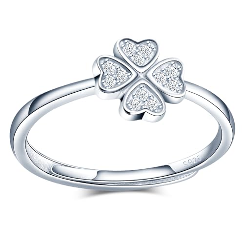 MICMIF Ring Zirkonia Kleeblatt Silber 925 für Damen Frauen Mädchen Verstellbare Ring Damen 925 Sterling Silber Vierblättriges Kleeblatt Bandring Stapelring Schmuck Geschenk für Frau Freundin Mutter von MICMIF