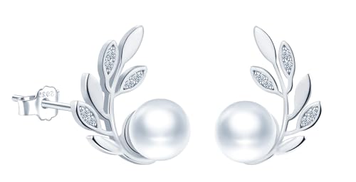 MICMIF Ohrstecker Silber 925 Blatt Damen Ohrringe Olivenblatt mit Perle & Zirkonia Zweige Ohrringe Ohrschmuck Hypoallergene für Frauen und Mädchen von MICMIF