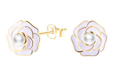 MICMIF Ohrringe Damen Silber 925 Kamelie Blume Ohrstecker Sterling Silber, Weiße Blütenblatt aus Emaille, Ohrringe Perle Blume Schmuck Geschenke für Frauen Mädchen von MICMIF
