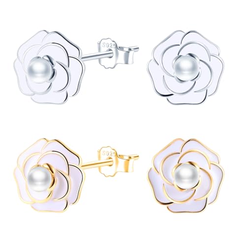 MICMIF Ohrringe Damen Silber 925 Kamelie Blume Ohrstecker Sterling Silber, Weiße Blütenblatt aus Emaille, Ohrringe Perle Blume Schmuck Geschenke für Frauen Mädchen von MICMIF