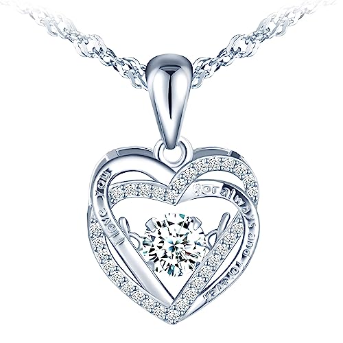 MICMIF Damen Herz Kette aus 925 Silber mit Zirkonia Herz Anhänger *I love you for always and forever* Liebe Halskette für Frau Frauen Freundin Mama, Damen Schmuck Silber Kette 45cm von MICMIF