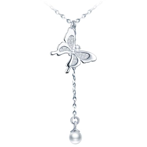 MICMIF Damen Kette 925 Silber Schmetterling Halskette, Zirkonia Schmetterling Anhänger mit Tropfen Perle, Halskette Y-Form Silberkette 41+5 cm Schmuck für Frauen Mädchen von MICMIF