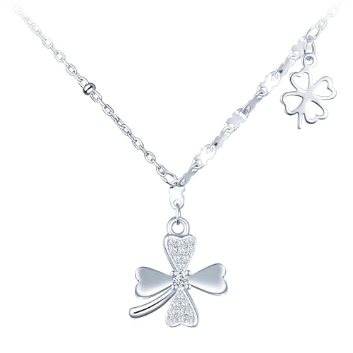 MICMIF Damen Kette 925 Silber Vierblättriges Kleeblatt Halskette, Zirkonia Kleeblatt Anhänger mit Drei-Stil Kette, Silberkette 40+3 cm Schmuck für Frauen Mädchen von MICMIF