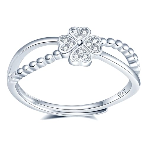 MICMIF Damen Ring Vierblättriges Kleeblatt 925 Sterling Silber Ringe mit Zirkonia Frauen Verstellbare Ring Modeschmuckring Fingerring Schmuck für Frauen Freundin Mädchen Mutter von MICMIF