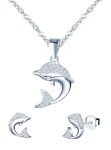 MICMIF Damen Silberschmuck Set Delphin Ohrringe und Halskette für Frauen Mädchen 925 Sterling Silber Delphin Anhänger mit Kette, Ohrstecker Delphin Zirkonia, Niedlicher Tierschmuck von MICMIF