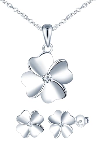 MICMIF 925 Sterling Silber Schmuckset für Damen Vierblättriges Kleeblatt Ohrringe und Halskette für Frauen Mädchen, Ohrstecker Kleeblatt und Kette Anhänger Kleeblatt Set mit Zirkonia von MICMIF