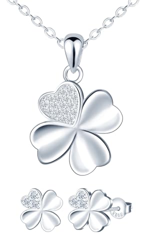 MICMIF Damen Silberschmuck Set mit Zirkonia Vierblättriges Kleeblatt Ohrringe und Halskette für Frauen Mädchen, Ohrstecker Klee und Kette Anhänger Kleeblatt Set von MICMIF