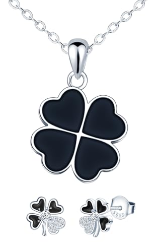 MICMIF Silberschmuck Set für Damen Schwarzes Kleeblatt Ohrringe und Halskette für Frauen Mädchen 925 Sterling Silber Ohrstecker Klee und Kette Anhänger Kleeblatt Set Schwarz von MICMIF
