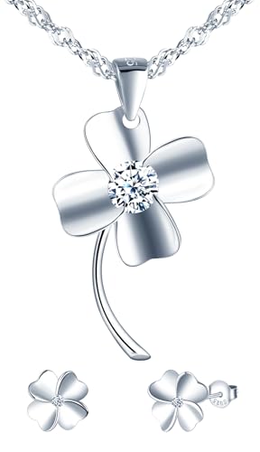 MICMIF Damen Silberschmuck Set Vierblättriges Kleeblatt Ohrringe und Halskette für Frauen Mädchen 925 Sterling Silber Kette mit Anhänger Kleeblatt Zirkonia, Ohrstecker Kleeblatt, Schmucksets von MICMIF