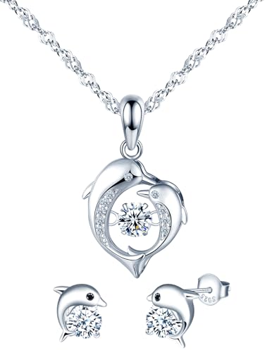 MICMIF Zirkonia Delphin Schmuckset Silber 925 für Damen Mädchen: Delfin Ohrstecker und Kette mit Delfin Anhänger, Vergnügungspark Ozean Thema Schmuck für Freundin Mutter Tochter von MICMIF