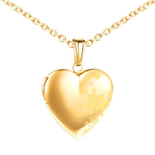 MICMIF Edelstahl Bilder Medaillon Personalisierte Kette Herz Anhänger mit Vierblättriges Kleeblatt Foto Halskette | Kette Damen Amulett Medaillon für 2 Bild Halskette für Mama Freundin & Frauen von MICMIF