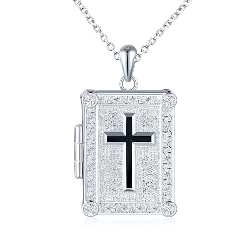 MICMIF Foto Kette Book Buch Medaillon für Damen Herren Silber 925 Kreuz Amulett Halskette Personalisierte Medaillon zum Öffnen für 2 Bilder Anhänger mit Kette 45+5cm von MICMIF