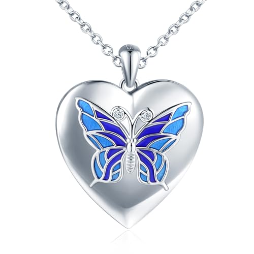 MICMIF Foto Kette Herz Medaillon Schmetterling Damen Silber 925 Halskette Personalisierte für Frauen Mädchen Amulett Medaillon zum Öffnen für 2 Bilder Anhänger mit Kette 45+5cm von MICMIF
