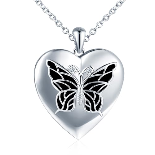 MICMIF Foto Kette Herz Medaillon Schmetterling Damen Silber 925 Halskette Personalisierte für Frauen Mädchen Amulett Medaillon zum Öffnen für 2 Bilder Anhänger mit Kette 45+5cm von MICMIF