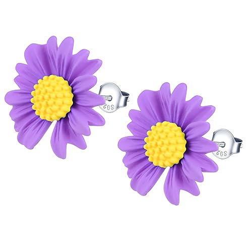 MICMIF Gänseblümchen Ohrstecker 925 Sterling Silber Harz Blume Ohrstecker für Damen, Sonnenblume Ohrringe Hypoallergen Ohrschmuck für Frauen Mädchen, Weiß/Rosa/Lila/Grüne Blume von MICMIF