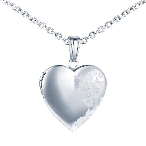 MICMIF Edelstahl Herzkette Bilder Medaillon mit Schmetterlinge Muster Personalisierte Halskette Foto Anhänger in Herzform Medaillon Personalisiert Foto Kette für Mama Freundin & Frauen von MICMIF