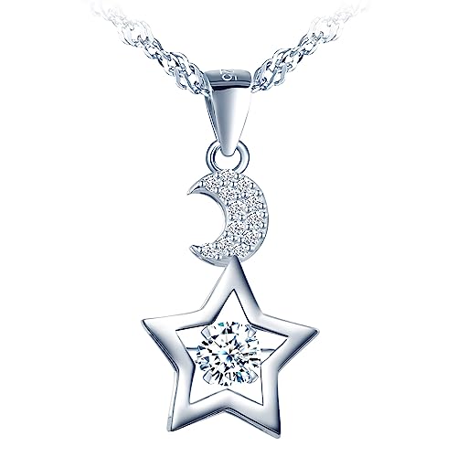 MICMIF Halskette Damen 925 Sterling Silber Niedlich Glänzend Mond und Stern Halskette Anhänger Schlüsselbein Kette Zirkonia Halskette Schmuck Für Frauen Und Mädchen von MICMIF