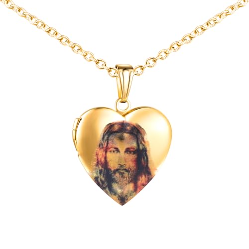 MICMIF Halskette Herz Medaillon mit Christlicher Jesus, Religiöse Medaille Amulett Halskette für Bild Foto Personalisiert, Edelstahl Bilder Medaillon Schmuck für Damen Herren von MICMIF