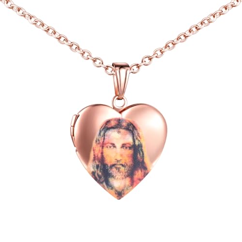 MICMIF Halskette Herz Medaillon mit Christlicher Jesus, Religiöse Medaille Amulett Halskette für Bild Foto Personalisiert, Edelstahl Bilder Medaillon Schmuck für Damen Herren von MICMIF