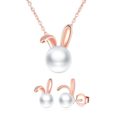 MICMIF Schmuck Damen Rosegold Kaninchen Anhänger Kette Ohrringe Set 925 Sterling Silber Hasen Schmuckset Halskette Ohrstecker Silber Für Frauen Mädchen von MICMIF