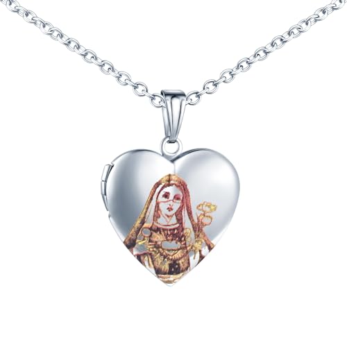 MICMIF Kette Bild Foto Herz Anhänger die Jungfrau Maria mit Nelken Herz Medaillon zum öffnen Personalisiert Foto Bilder Edelstahl Religiöse Medaille Amulett Halskette Schmuck für Damen Mädchen von MICMIF