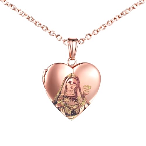 MICMIF Kette Bild Foto Herz Anhänger die Jungfrau Maria mit Nelken Herz Medaillon zum öffnen Personalisiert Foto Bilder Edelstahl Religiöse Medaille Amulett Halskette Schmuck für Damen Mädchen von MICMIF