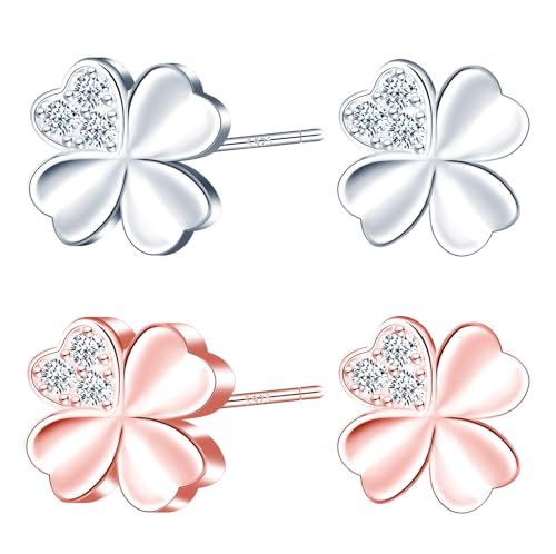 MICMIF Silber 925 Klee Ohrstecker für Damen, Ohrstecker Vierblättriger Klee mit Zirkonia Ohrringe Silber/Roségold Hypoallergen Ohrschmuck für Frauen Mädchen von MICMIF