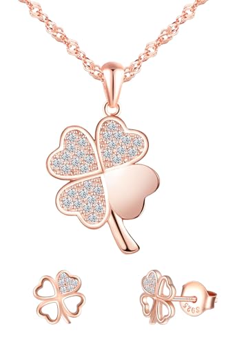MICMIF Schmuckset Roségold für Damen, 925 Sterling Silber Kleeblatt Halskette und Ohrringe Set, Schmuck Set Kleeblatt Ohrstecker & Kette Anhänger mit Zirkonia für Mädchen Frauen Party von MICMIF
