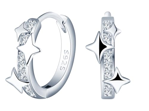 MICMIF Klein Creolen Sterne Ohrringe für Damen, 925 Sterling Silber Creolen Ohrstecker Stern mit Zirkonia, Schläfer Huggie Reif Hoop Ohrringe Ohrschmuck für Frauen Mädchen von MICMIF