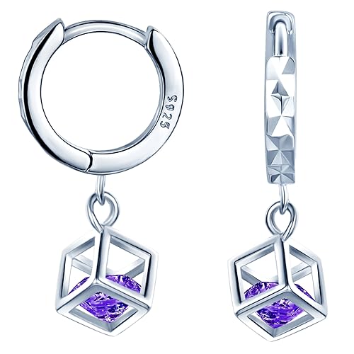 MICMIF Ohrringe Silber 925 hängend für Damen, S925 Sterling Silber Ohrring Würfel Hoop mit Lila Zirkonia, Circle Hoop Ohrringe Schmuck Creolen Klein mit Anhänger für Frauen Mädchen von MICMIF