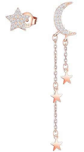 MICMIF Ohrstecker Silber 925 Hängend Asymmetrisch Stern Mond Damen Ohrringe Roségold, Zirkonia Mond Baumeln Stern Ohrstecker Hypoallergen Ohrschmuck für Frauen Mädchen von MICMIF