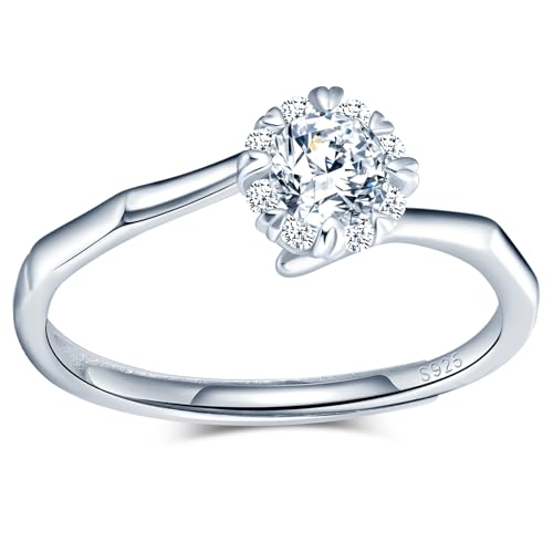 MICMIF Ring Solitär Zirkonia 925 Silber Ringe für Damen Frauen Mädchen Knochen Band Verstellbare Ring Versprechensring Ehering Jahrestagsring Simulierte Diamant Silberringe Schmuck von MICMIF