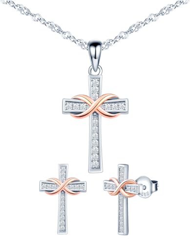 MICMIF Schmuck Kreuz Damen Ohrringe Halskette Schmuckset 925 Sterling Silber Funkelnder Zirkon Kreuz Anhänger mit Unendlichkeitssymbol Kette und Ohrstecker Set für Frauen Mädchen von MICMIF