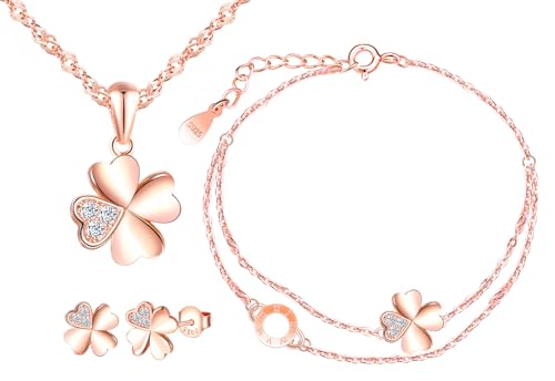 MICMIF Schmuckset 3Pcs für Damen, 925 Sterling Silber Kleeblatt Halskette Armband und Ohrringe Set, Roségold Schmuck Set Vierblättriges Kleeblatt mit Zirkonia für Mädchen Frauen Party MICMIF Schmuckset 3Pcs für Damen, 925 Sterling Silber Kleeblatt Halskette Armband und Ohrringe Set, Roségold Schmuck Set Vierblättriges Kleeblatt mit Zirkonia für Mädchen Frauen Party von MICMIF