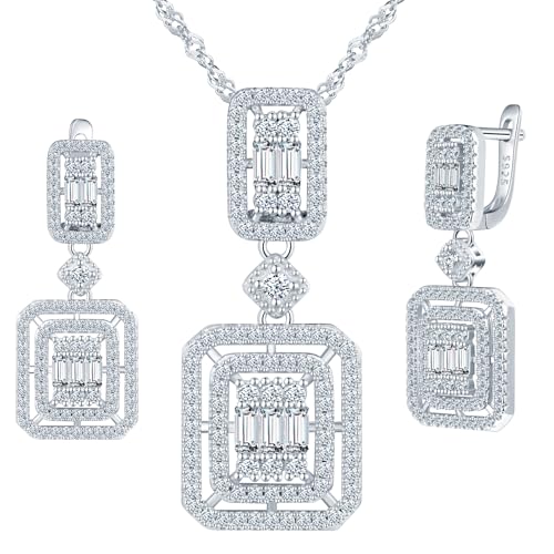 MICMIF Schmuckset Silber 925 Damen Silberkette & Ohrringe Hängend mit Zirkonia, Rechteckige Anhänger mit 45cm Kette, Lange Ohrringe Stein Halskette Set für Geburtstag Abendessen von MICMIF