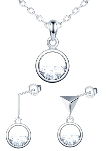 MICMIF Silber 925 Geometrische Kreis Schmuck Set für Damen Mädchen: Zirkonia Asymmetrische Ohrringe, Kette Anhänger Kreis - Geometrische Halskette und Ohrringe Set Festkleid Abendkleider von MICMIF