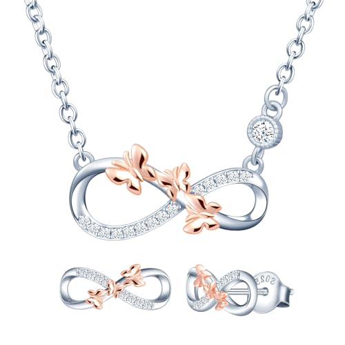 MICMIF Unendlichkeit Silberschmuck mit Schmetterlinge für Damen 925 Sterling Silber mit Zirkonia Ohrringe und Halskette Set für Mädchen Ohrstecker Infinity Schmetterling und Kette Anhänger von MICMIF