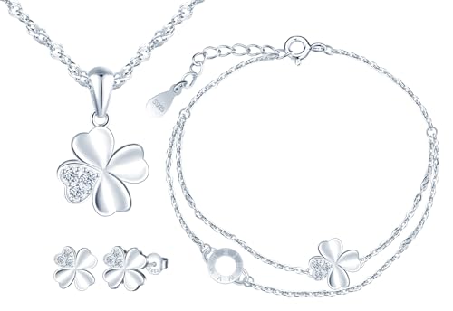 MICMIF 3 Stück Silber 925 Vierblättriges Kleeblatt Schmuck Set für Damen Mädchen: Kleeblatt Ohrstecker + Ketten Armband + Kette Anhänger Kleeblatt - Klee Halskette Armband und Ohrringe Set von MICMIF