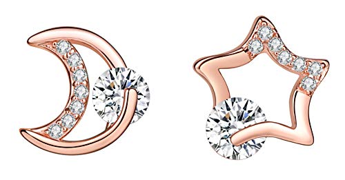 MICSAVI Damen Ohrringe Stern Mond Ohrstecker Creolen Ohrringe 925 Sterling Silber Perle Zirkonia Hypoallergen Roségold Mode Ohrschmuck für Frauen Mädchen von MICSAVI